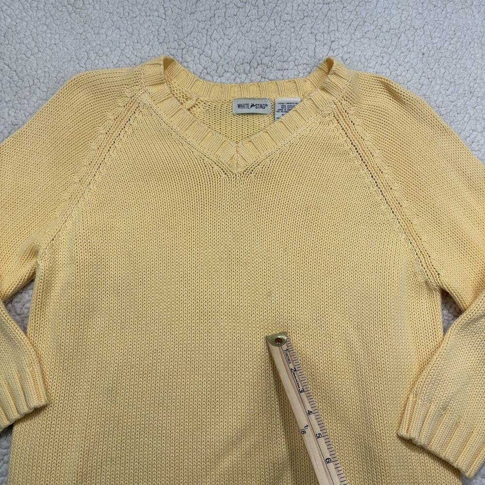 Vintage White Stag Butter Yellow Women's Large V-Neck Chunky Knit Sweater Cotton - Picture 3 of 6